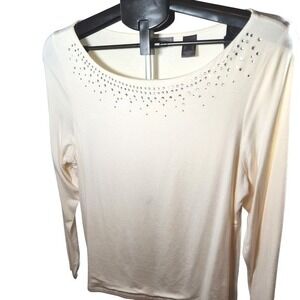 Liz‎ Claiborne Cream Embellished Neckline Pullover Top Size Large